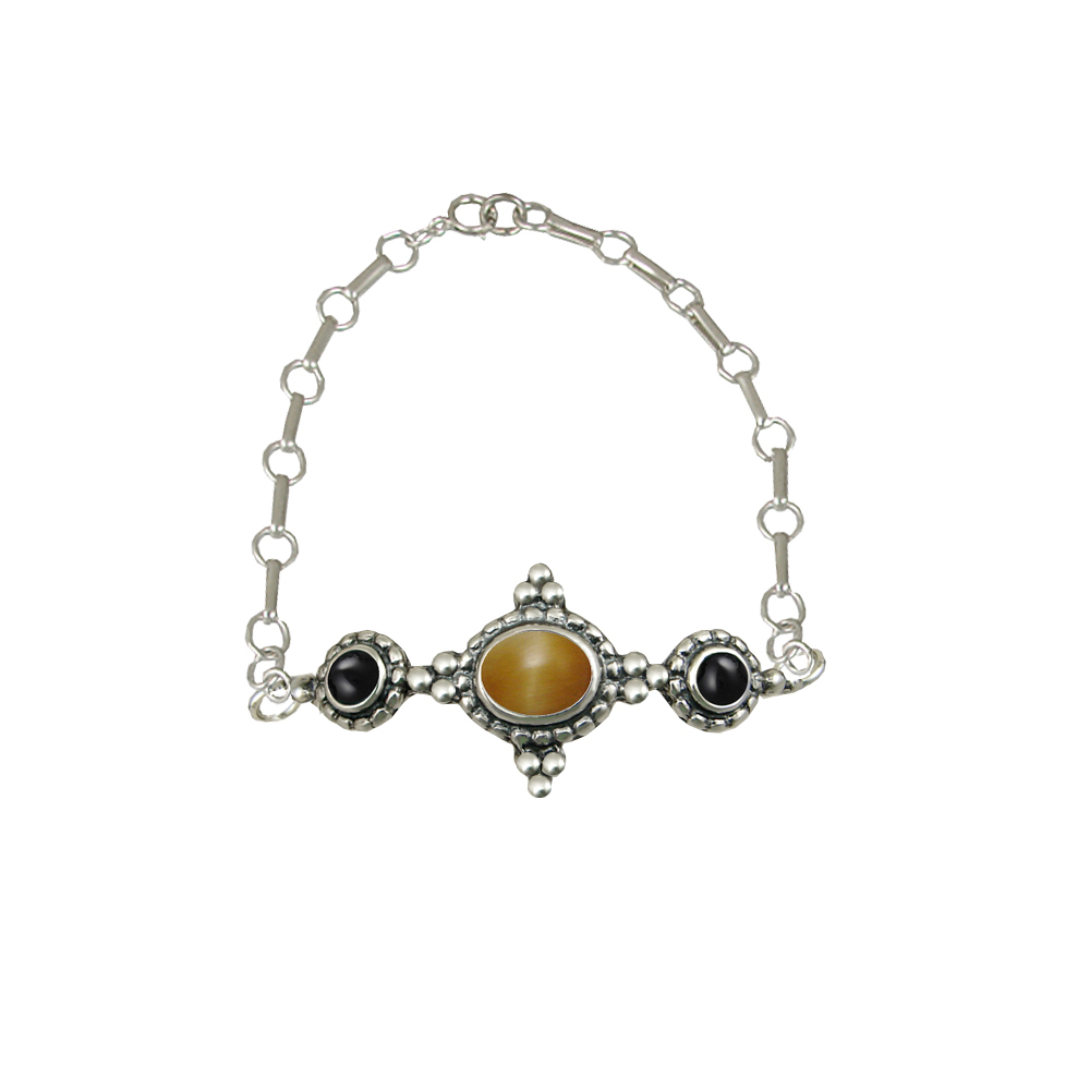 Sterling Silver Gemstone Adjustable Chain Bracelet With Honey Tiger Eye And Black Onyx
